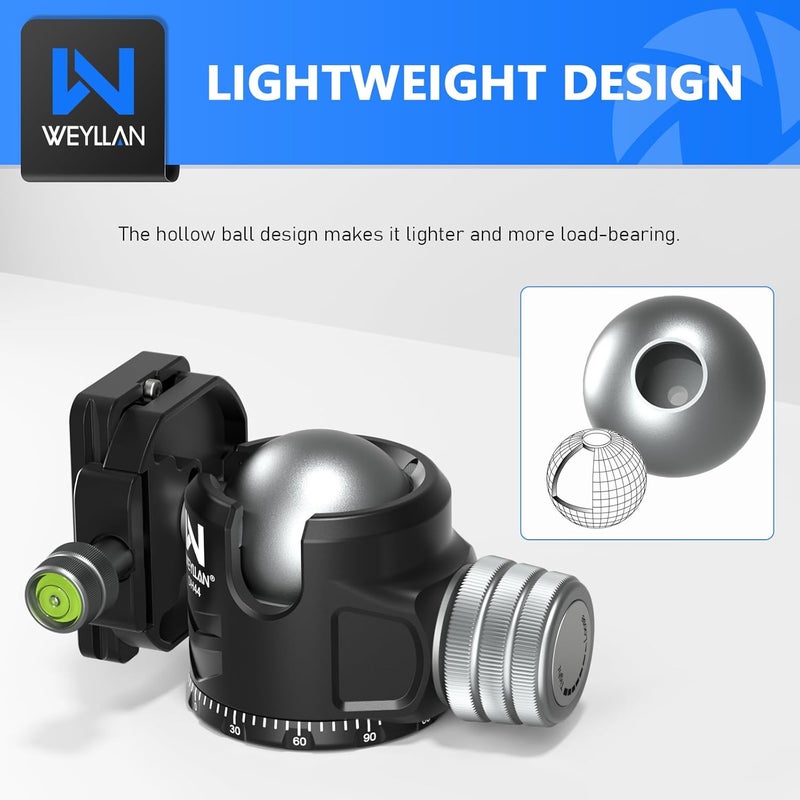 WEYLLAN Tripod Head 44mm Low Profile Ball Head, DH44 360 Degree Metal Panoramic Camera Ball Head Mount with Two Quick Release Plates, Arca Ballhead for Tripod Monopod DSLR Camera Max Load 55lbs/25kg - Image 5